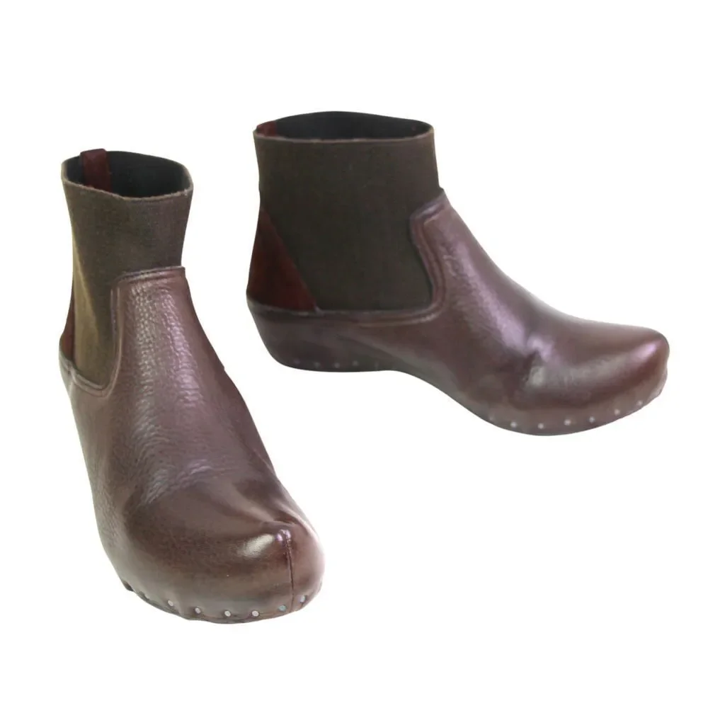 Vialis BROWN GENUINE LEATHER ELASTIC POINTED TOE WEDGE STUDS ANKLE BOOTS Sz 8